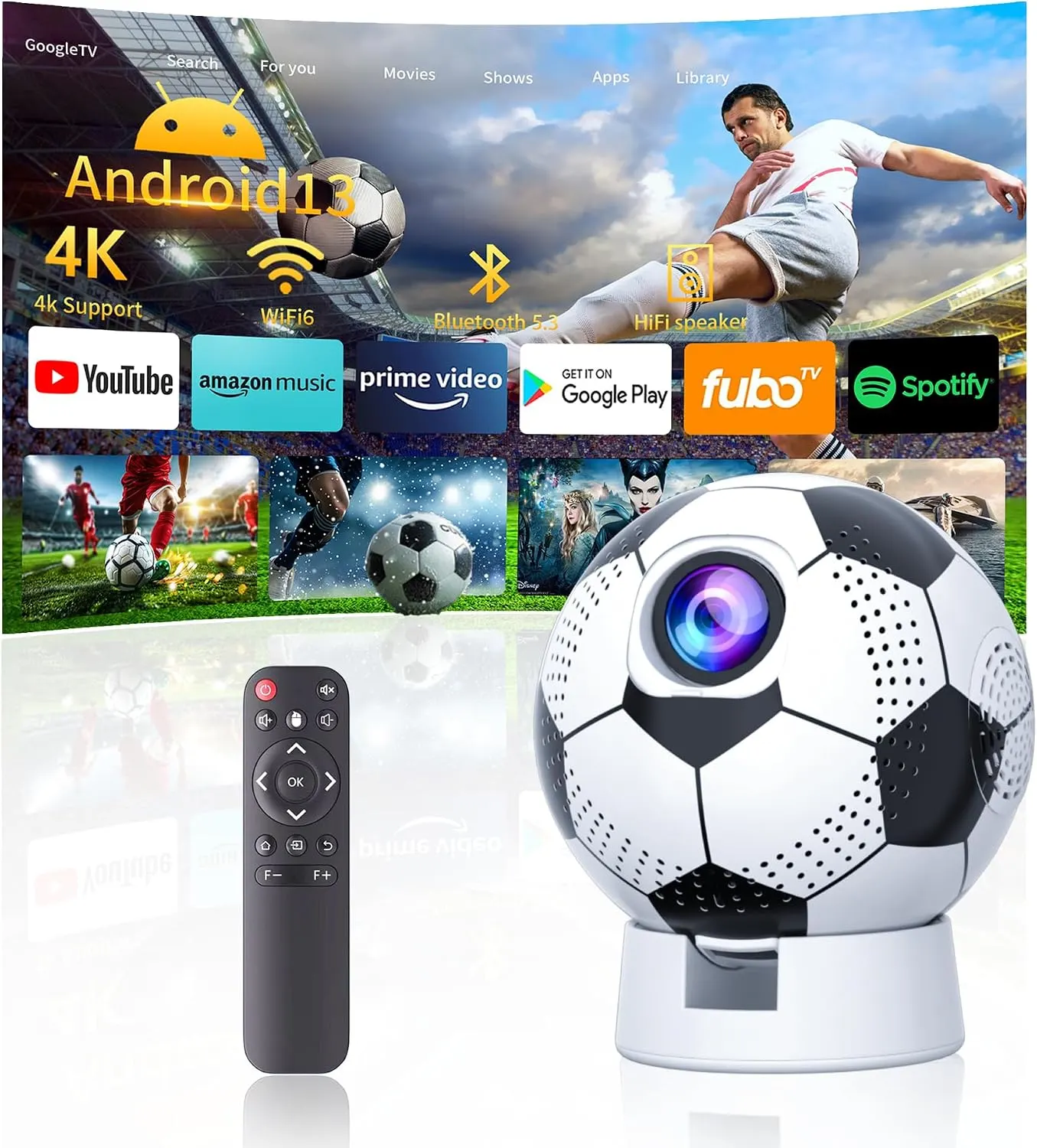 Football Projector-Android 11 LED Portable Smart Multimedia Projector